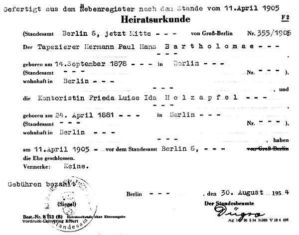 Trauurkunde von Luise Ida Frieda Holzapfel und Hermann Paul Hans Bartholomae