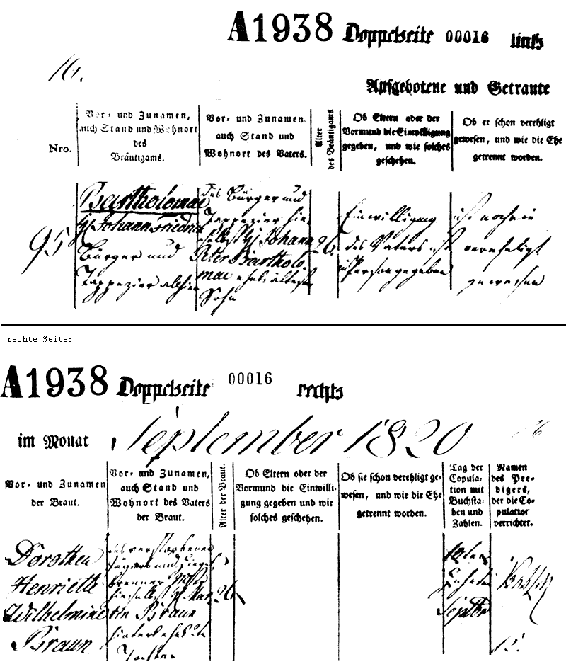 Trauurkunde von Dorothea Henriette Wilhelmine Braun und Johann Friedrich Bartholomae