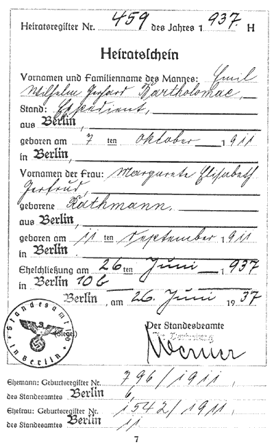 Trauurkunde von Margarete Elisabeth Gertrud Rathmann und Emil Wilhelm Gerhard Bartholomae