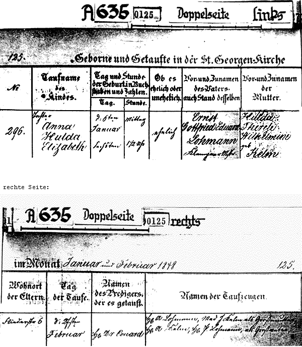 Geburtsurkunde von Anna Hulda Elisabeth Lohmann