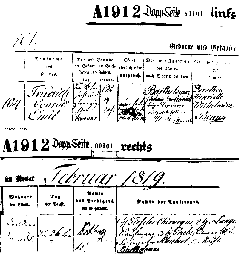 Geburtsurkunde von Friedrich Conrad Emil Bartholomae