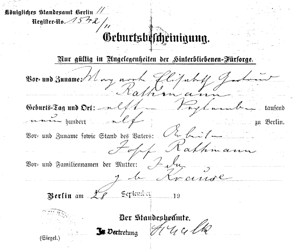 Geburtsurkunde von Margarete Rathmann