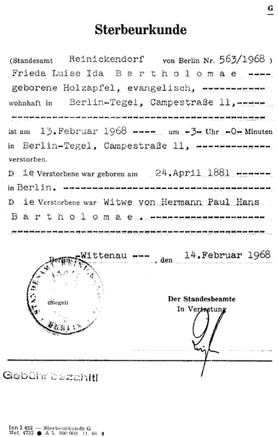 Sterbeurkunde von Frieda Luise Ida Bartholomae, geb. Holzapfel